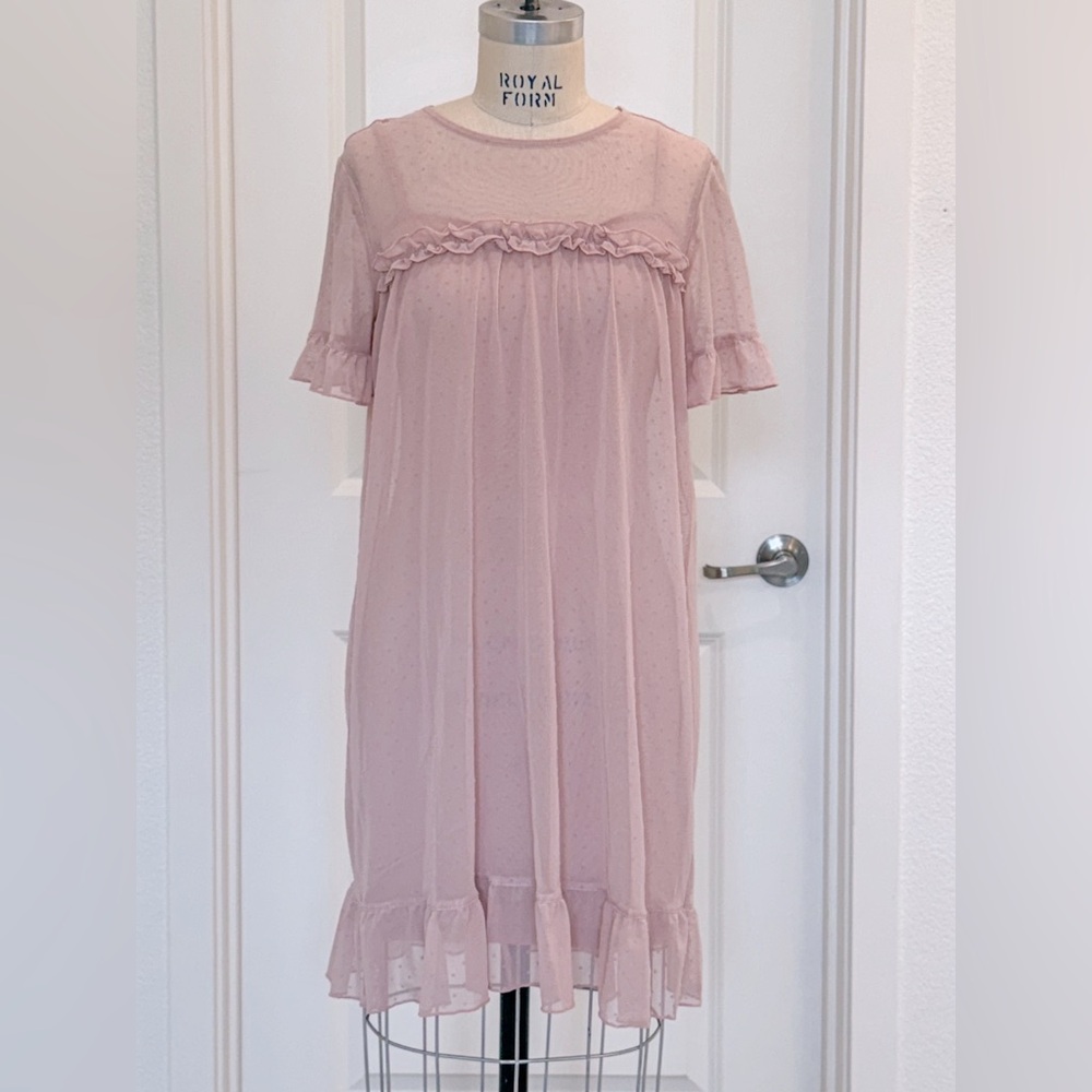 H&M pink mesh dot stretchy mini dress with ruffle details fully lined size SMALL